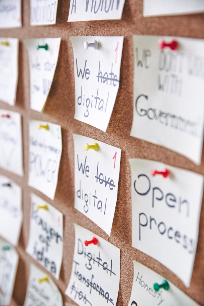 about-04 Corkboard filled with various handwritten notes and ideas pinned for planning and strategy.